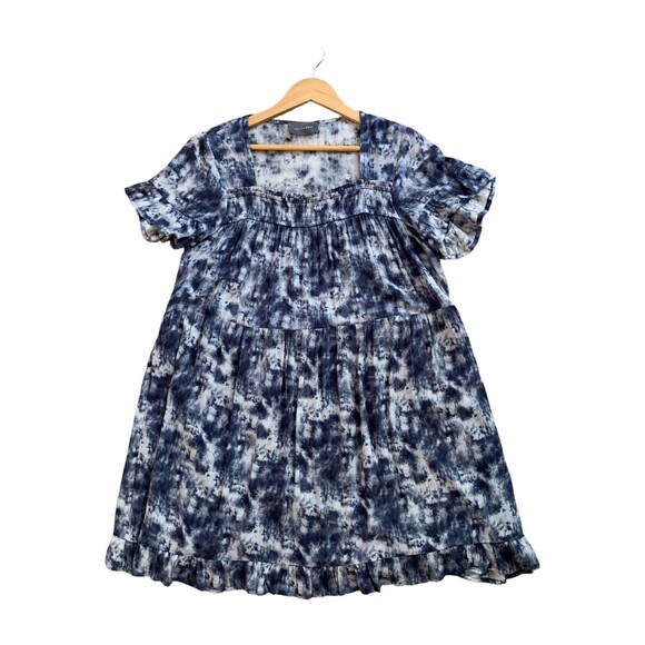 Hudson Gray Short Sleeve Drop Waist Tiered Dress Ruffle Hem Blue Tie Dye Small - Picture 13 of 16